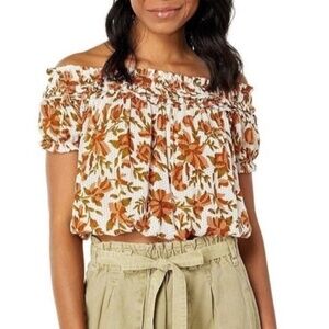 Free People Floral Off-Shoulder Crop Top - Orange and White